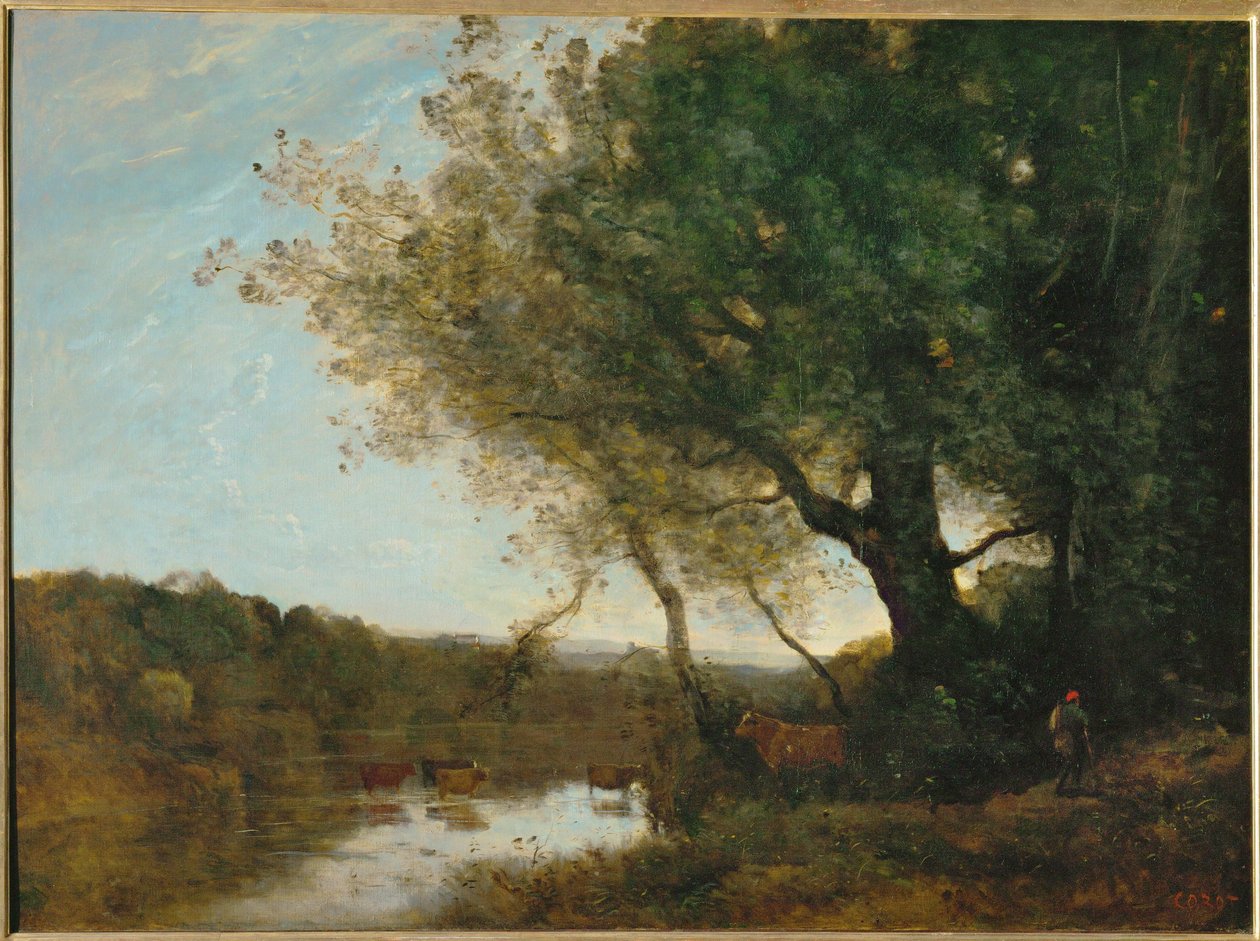Varen langs een rivier in de avond door Jean Baptiste Camille Corot
