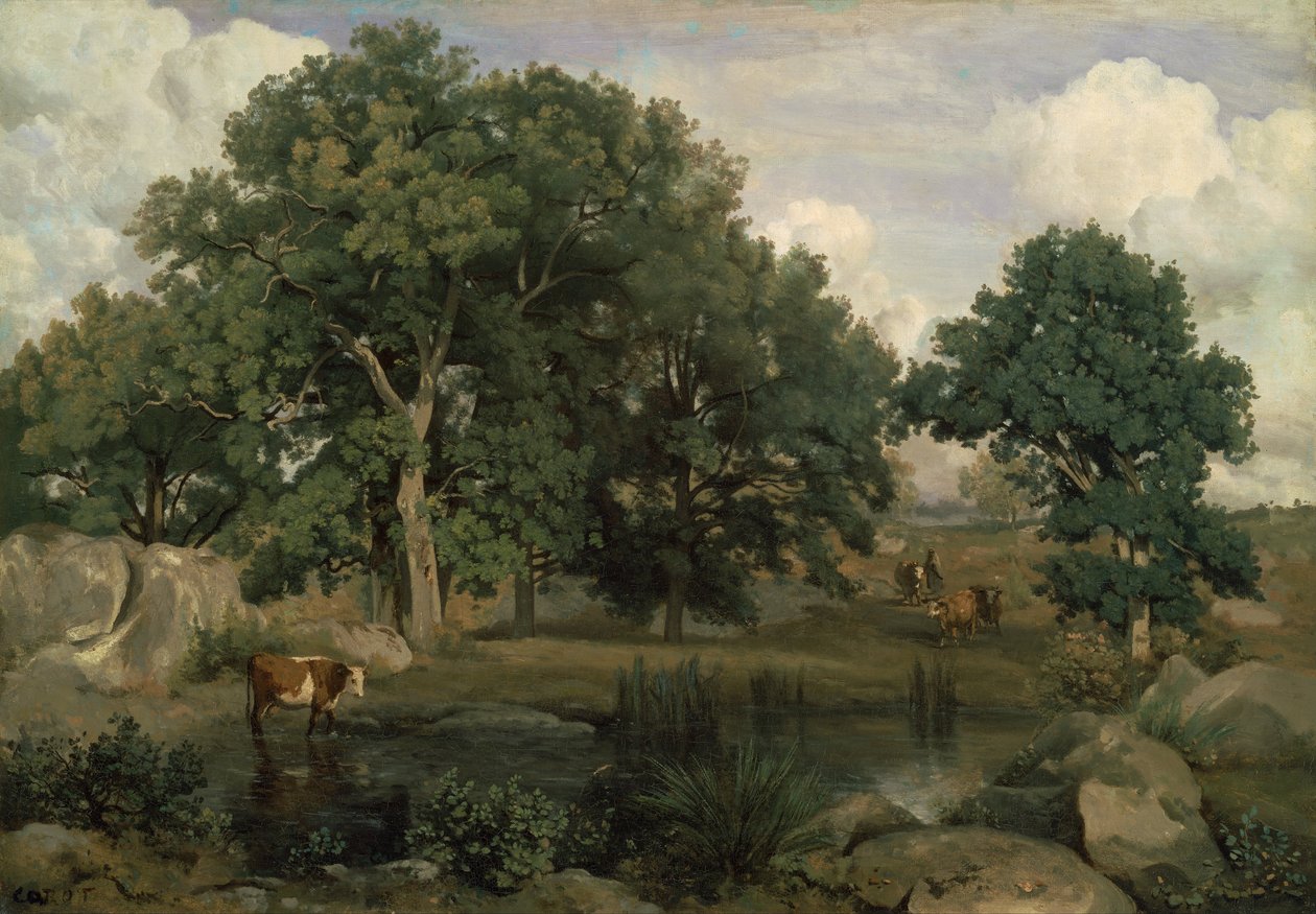 Frans: Forêt de Fontainebleau Bos van Fontainebleau door Jean Baptiste Camille Corot