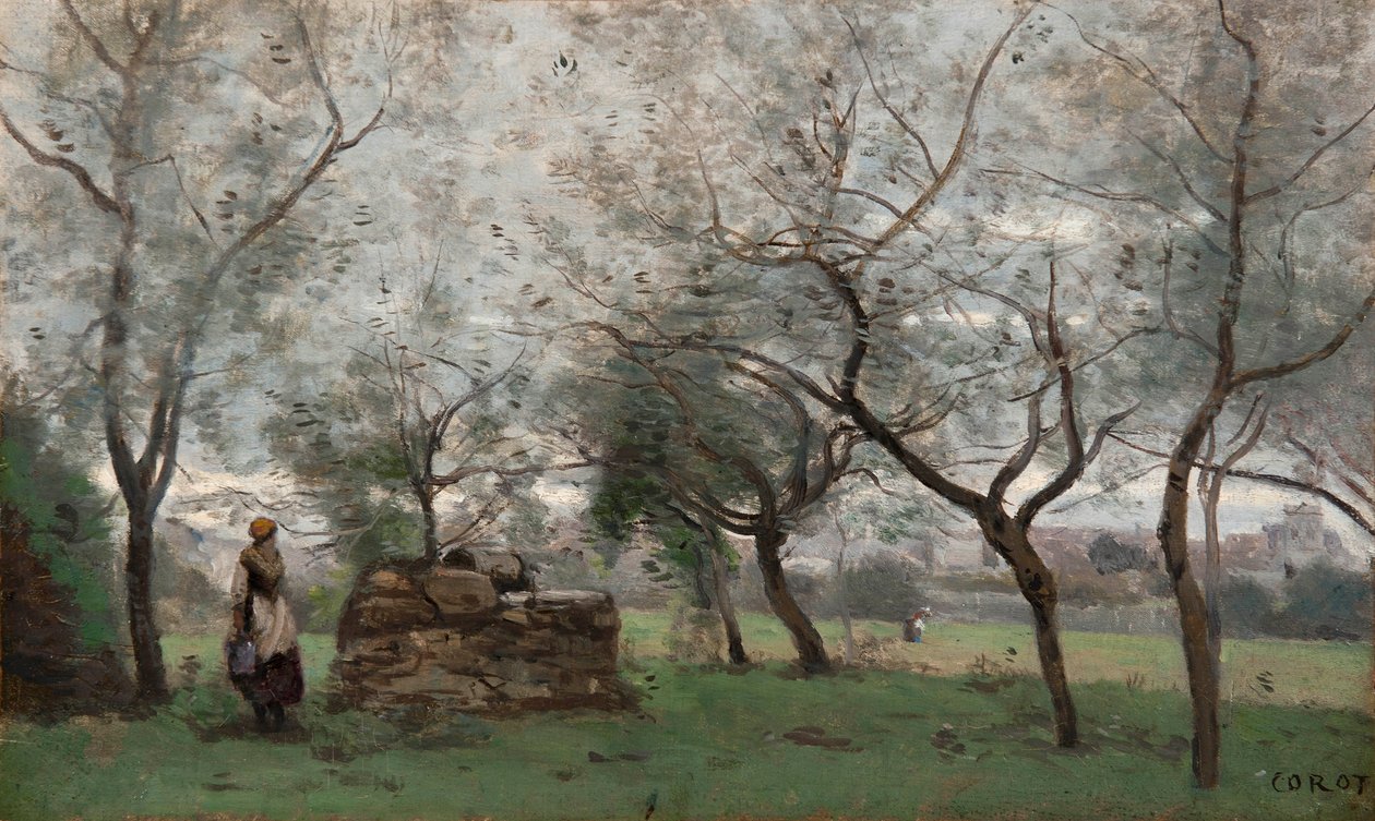 Frans: Le verger, bij Mantes door Jean Baptiste Camille Corot