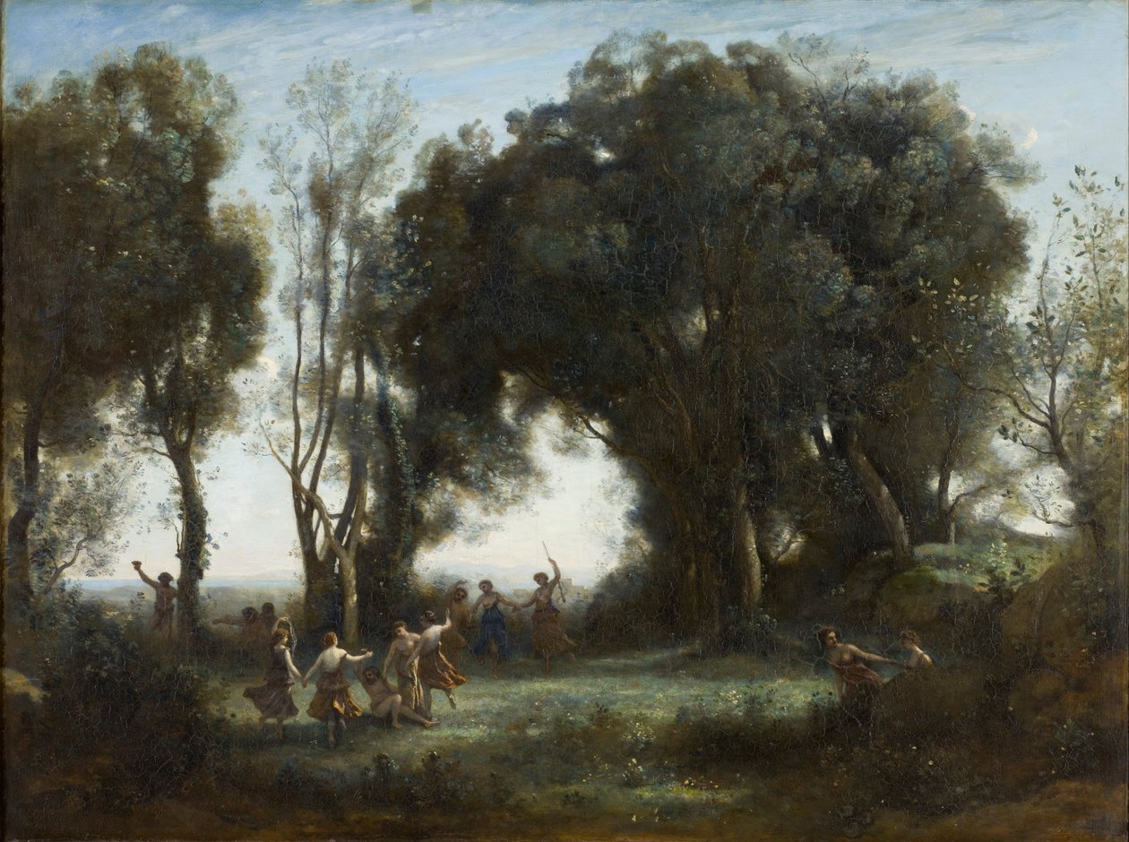 Frans:  Une matinée, la danse des nymphes Een ochtend. De dans van de nimfen door Jean Baptiste Camille Corot
