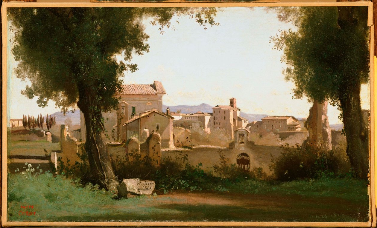 Frans:  Vue depuis les Jardins Farnèse Uitzicht vanaf de Farnese tuinen, Rome door Jean Baptiste Camille Corot
