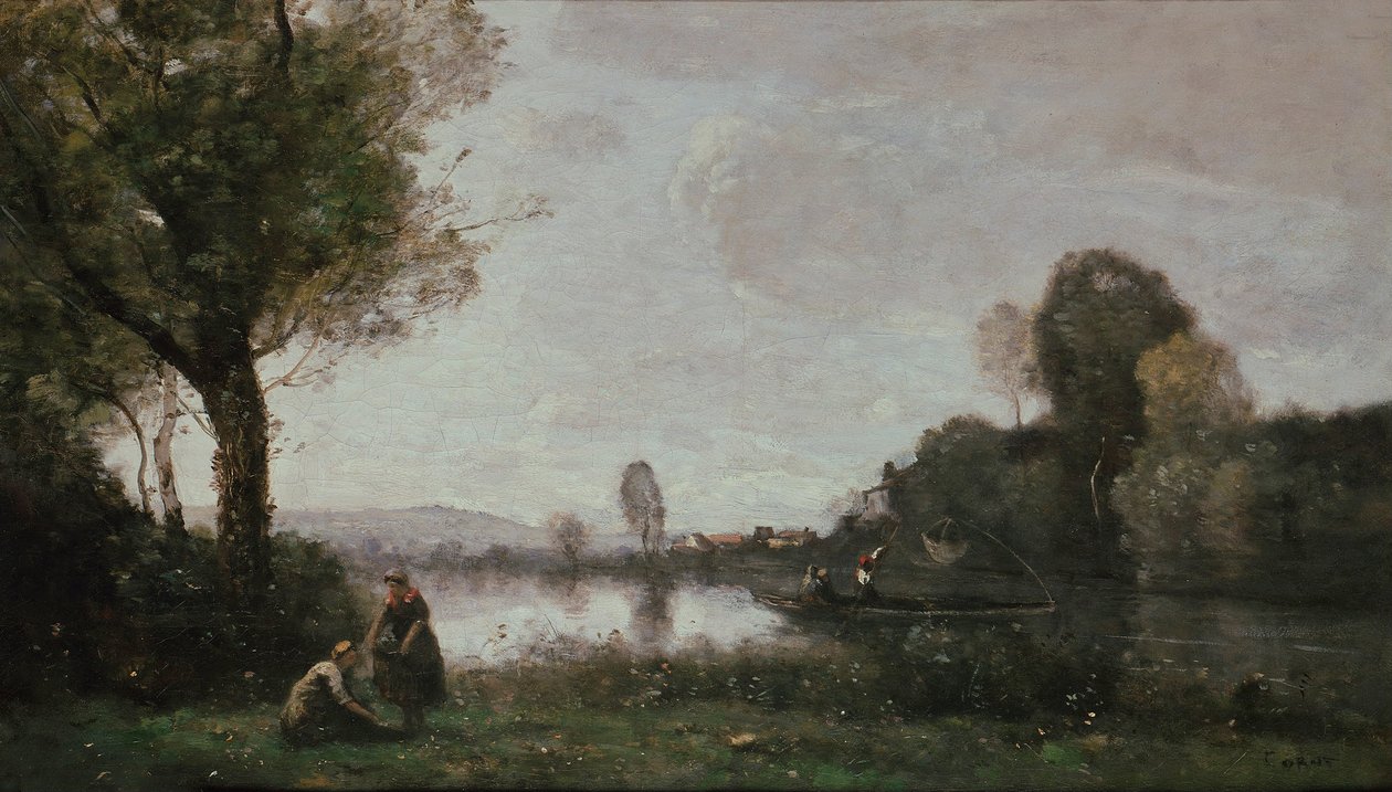 Duits: Flußlandschaft (Die Seine bei Chatou) Seine Landschap bij Chatou door Jean Baptiste Camille Corot