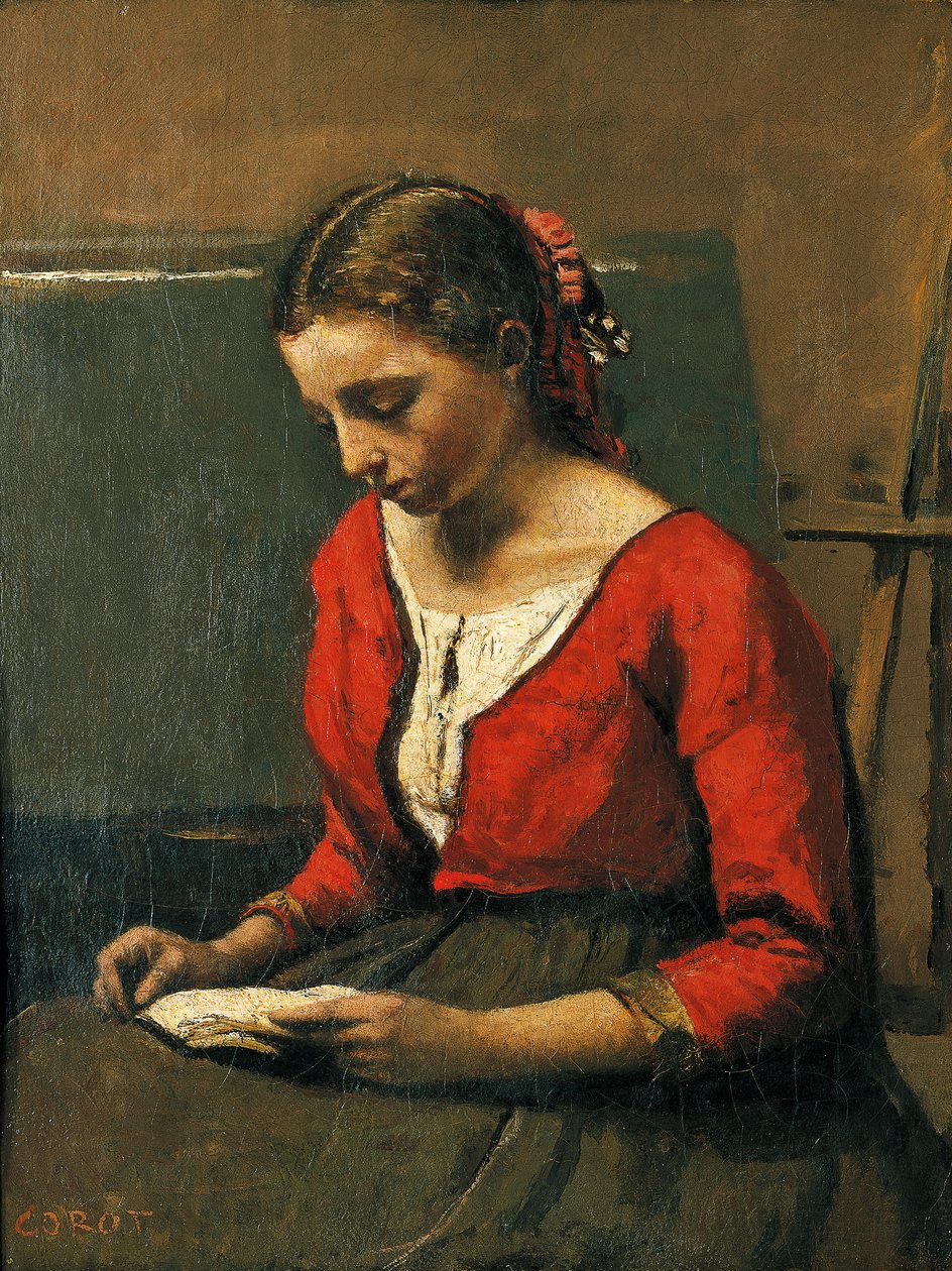Meisje lezend, door Jean-Baptiste-Camille Corot (1796-1875) door Jean Baptiste Camille Corot