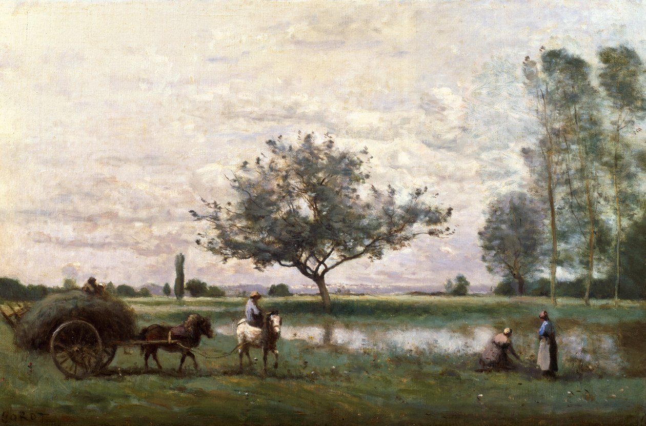 Hooikar naast een rivier door Jean Baptiste Camille Corot