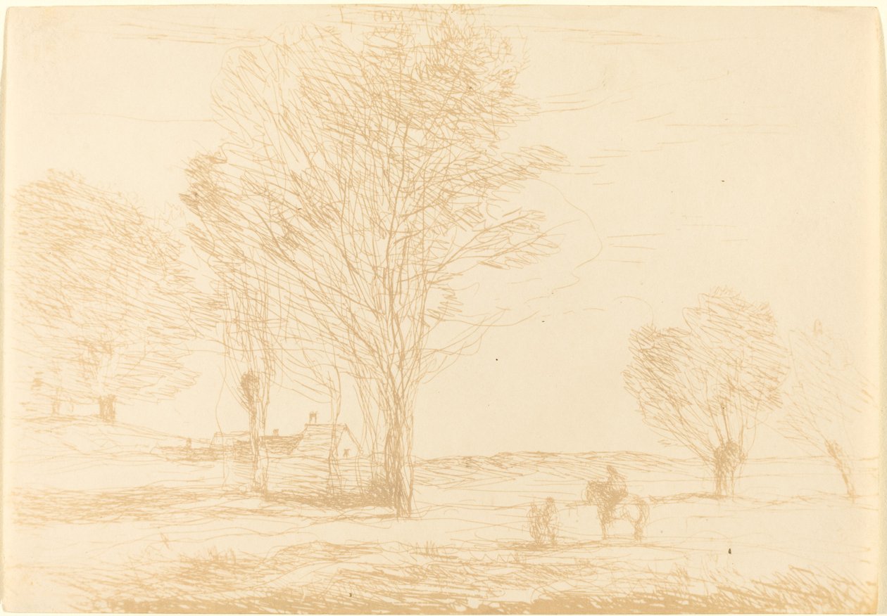 Ruiter gestopt op het platteland (Cavalier arrete dans la campagna) door Jean Baptiste Camille Corot