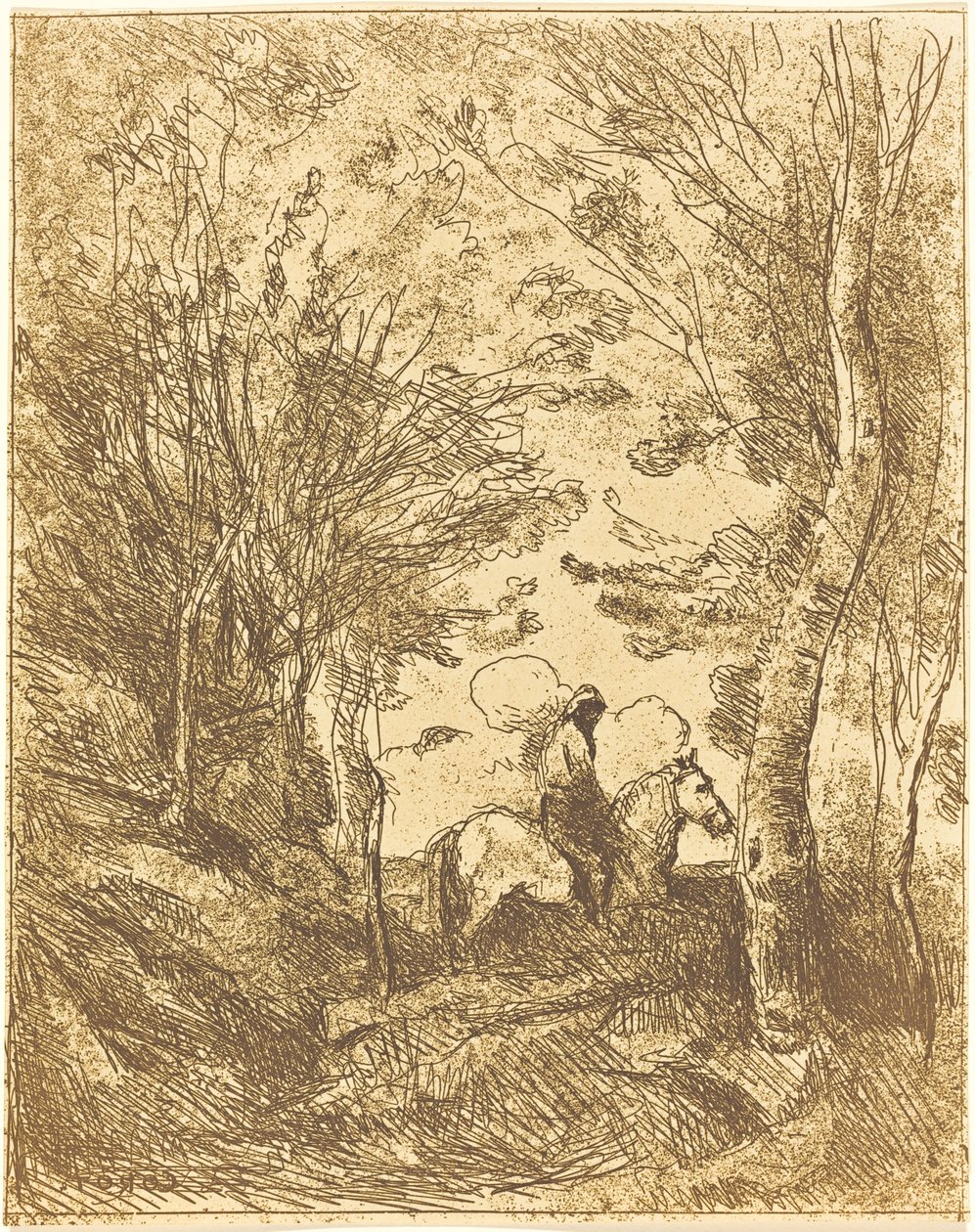 Ruiter in het bos, grote plaat (Le Grand Cavalier sous bois) door Jean Baptiste Camille Corot