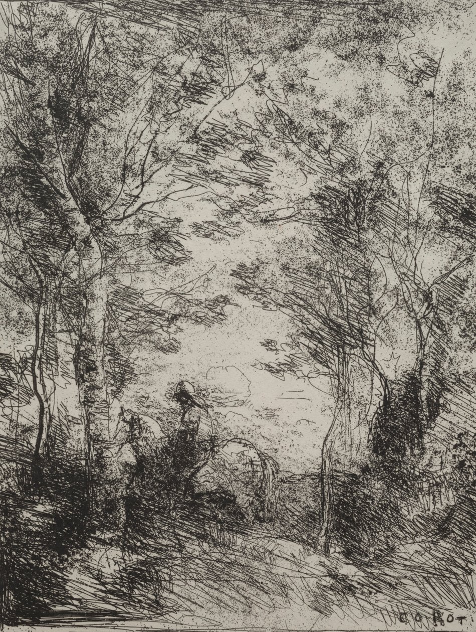 Ruiter in het bos, originele indruk 1854, gedrukt in 1921 door Jean Baptiste Camille Corot