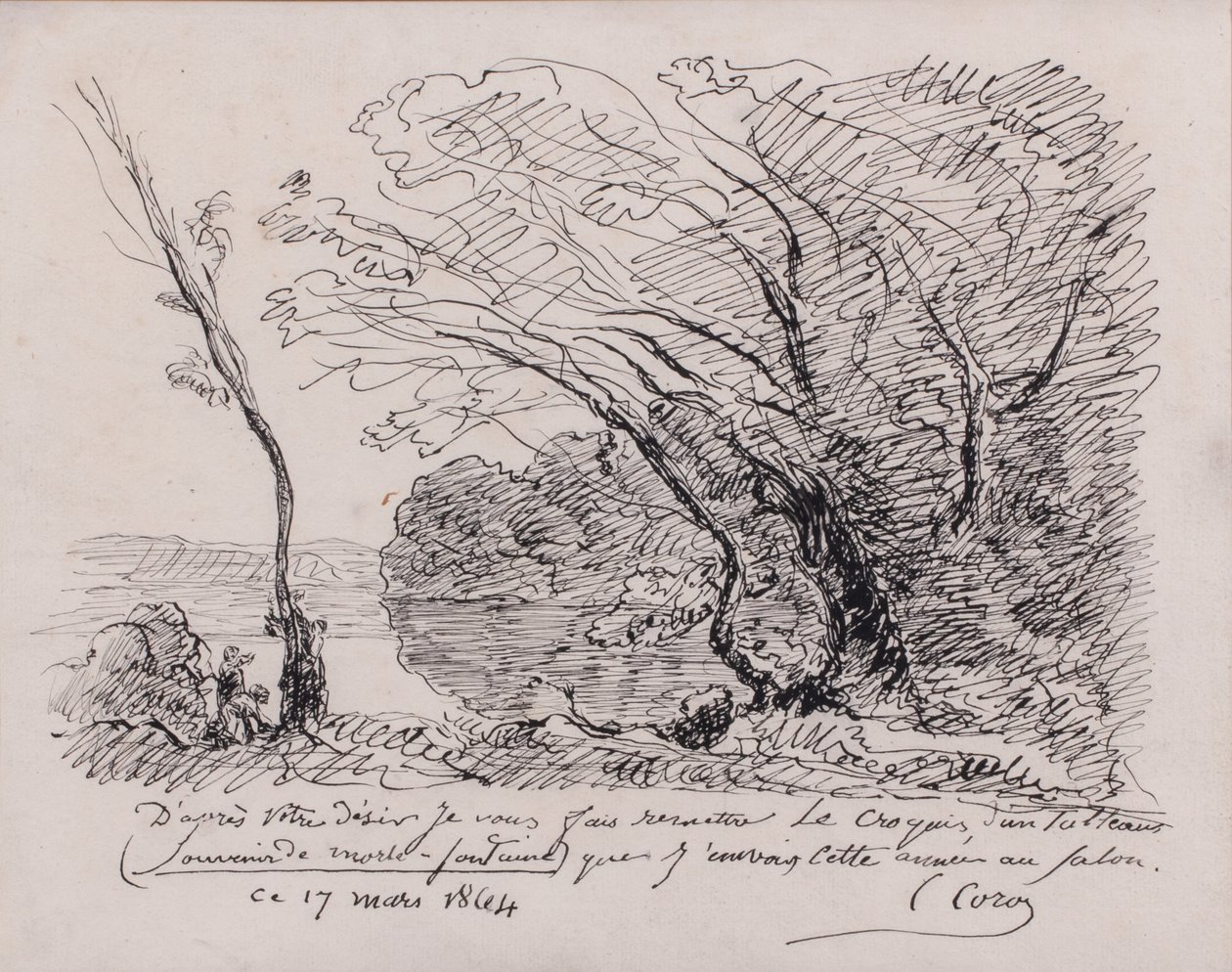 Uitnodiging voor de Salon van 1864. Souvenir van Mortefontaine door Jean Baptiste Camille Corot