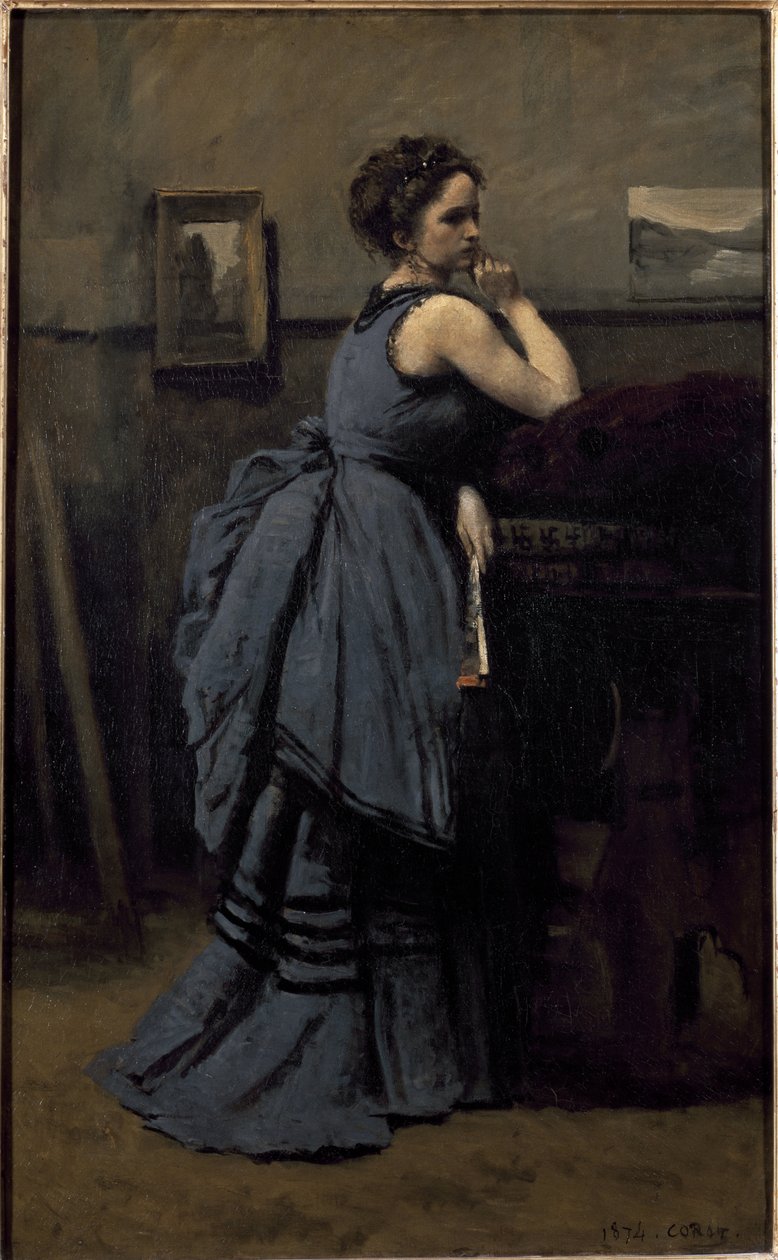 Dame in blauw door Jean Baptiste Camille Corot
