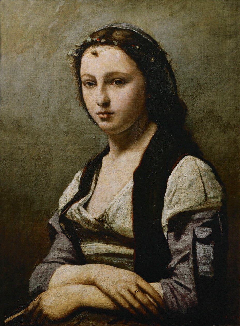 Dame met parel ... door Jean Baptiste Camille Corot