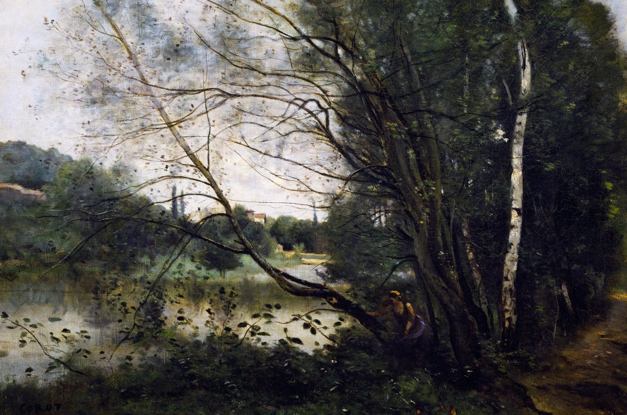 Meer met de scheve boomstam door Jean Baptiste Camille Corot