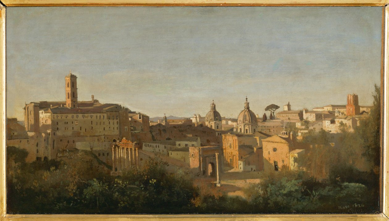 Het Forum, uitzicht vanaf de Farnese tuinen, Rome ... door Jean Baptiste Camille Corot
