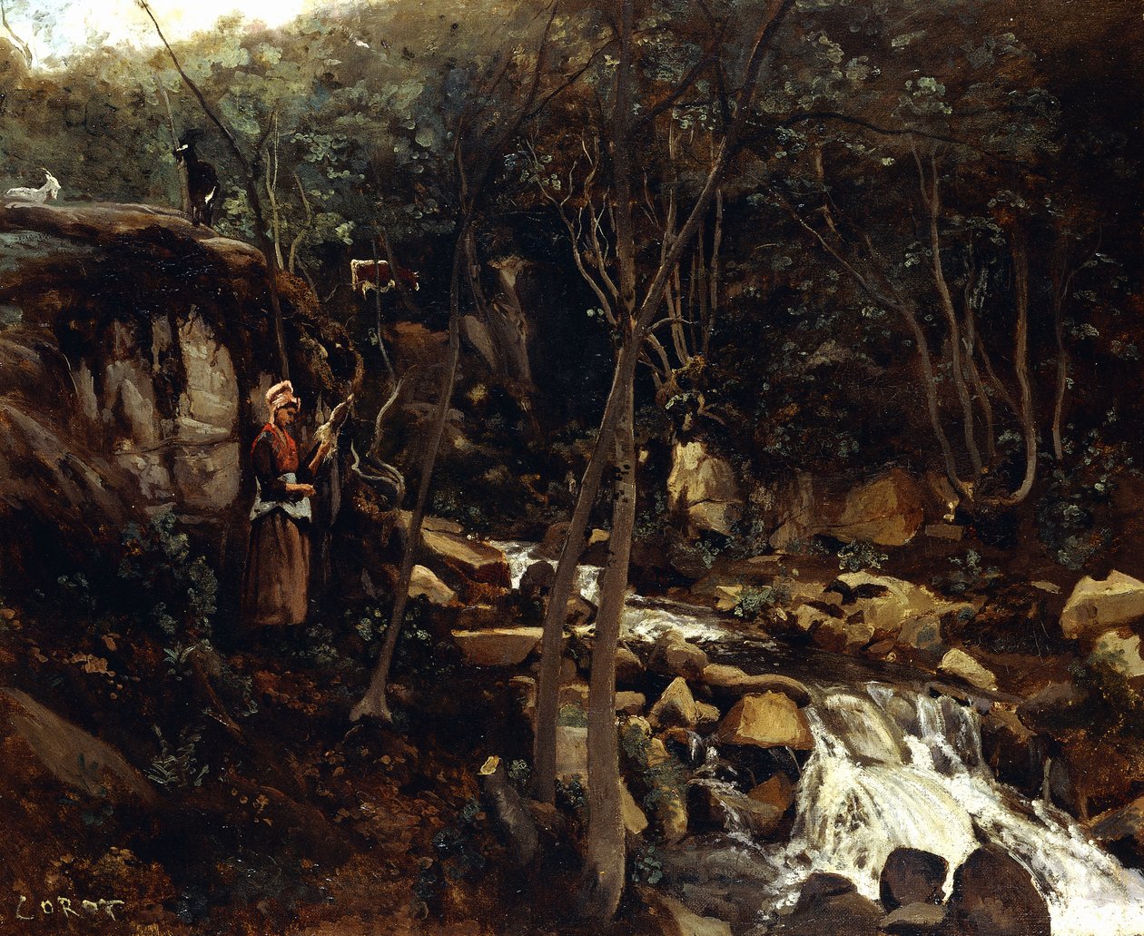 Lormes - Een stroom met een staande boerin, wol spinnend, 1842 door Jean Baptiste Camille Corot