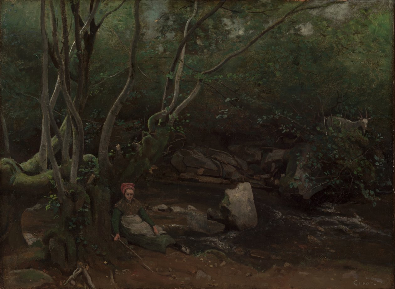 Lormes: Geitenmeisje zittend naast een stroom in een bos door Jean-Baptiste-Camille Corot