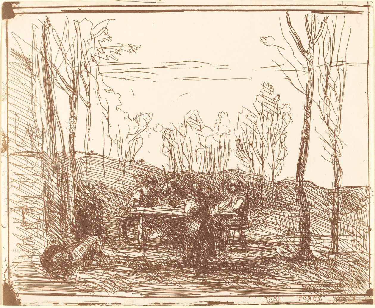 Lunch in een Open Plek door Jean Baptiste Camille Corot