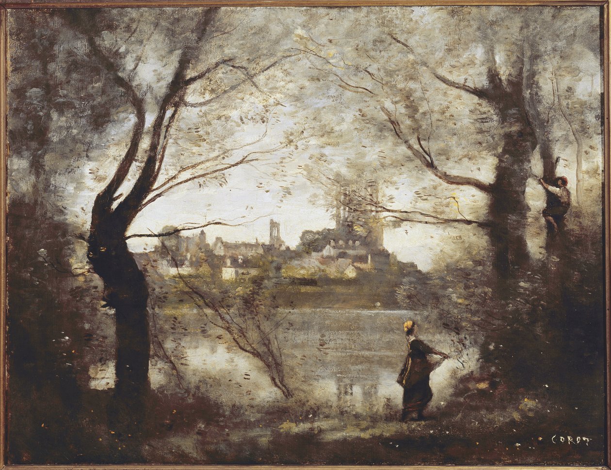 Mantes, kathedraal en stad gezien door de bomen, avond door Jean Baptiste Camille Corot