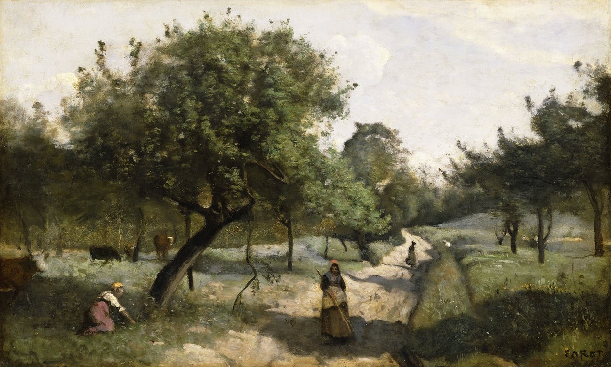 Pad met appelbomen door Jean Baptiste Camille Corot