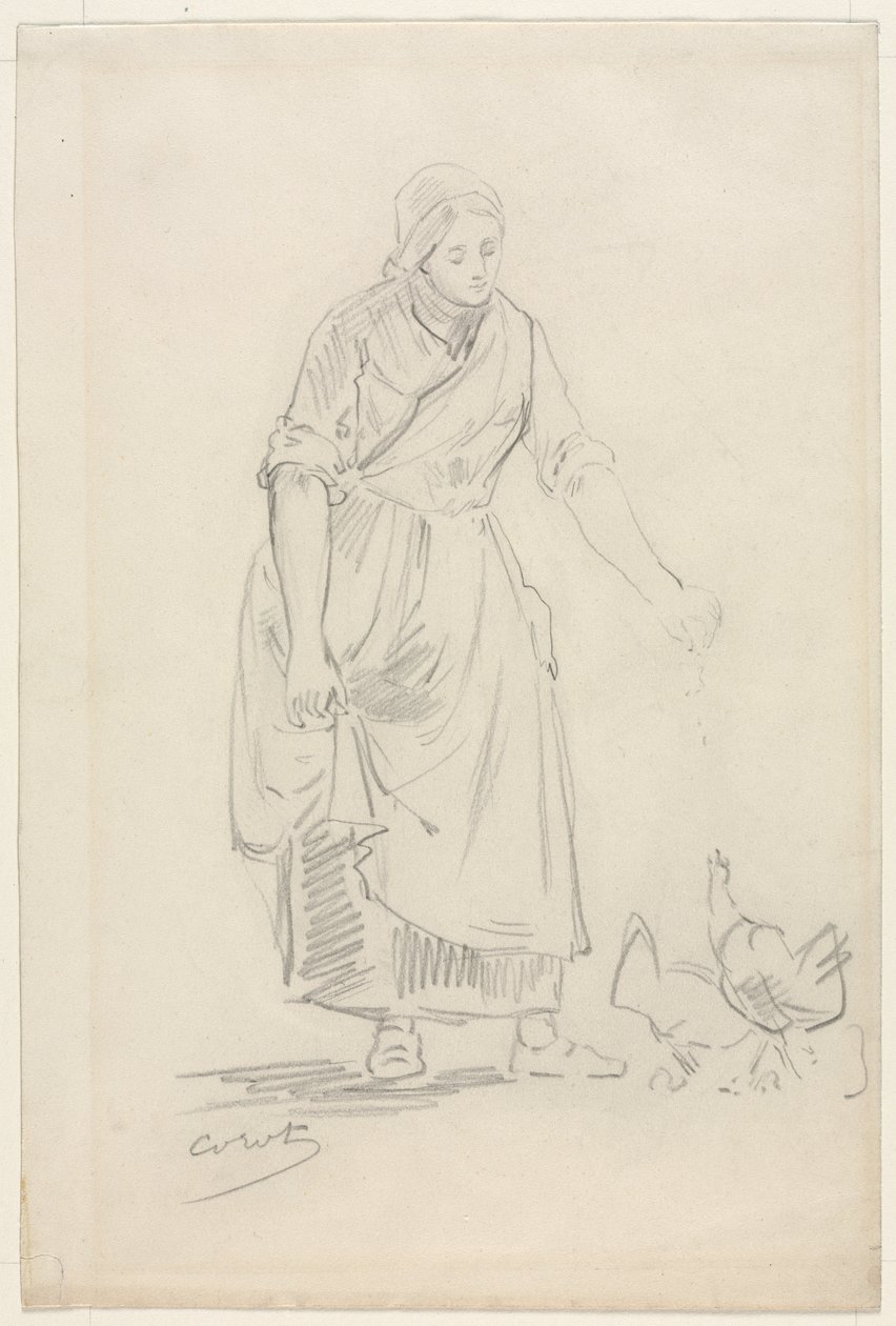 Boerenmeisje dat kippen voert door Jean Baptiste Camille Corot