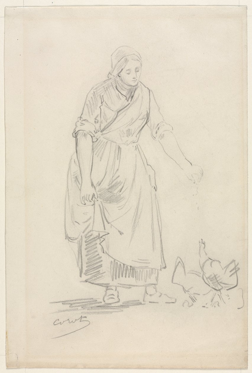 Boerenmeisje Voedt Kippen, 1800s door Jean Baptiste Camille Corot