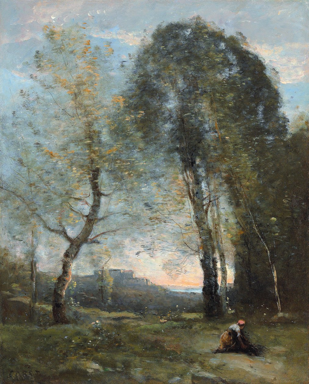 Boerin verzamelt hout, Italië, c. 1870-2 door Jean Baptiste Camille Corot