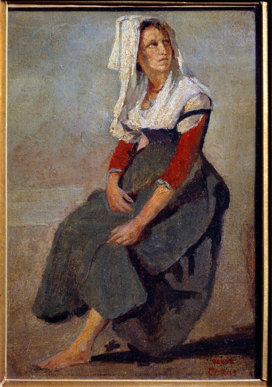 Portret van de Italiaanse Maria de Sorre, zittend met het hoofd omhoog door Jean Baptiste Camille Corot