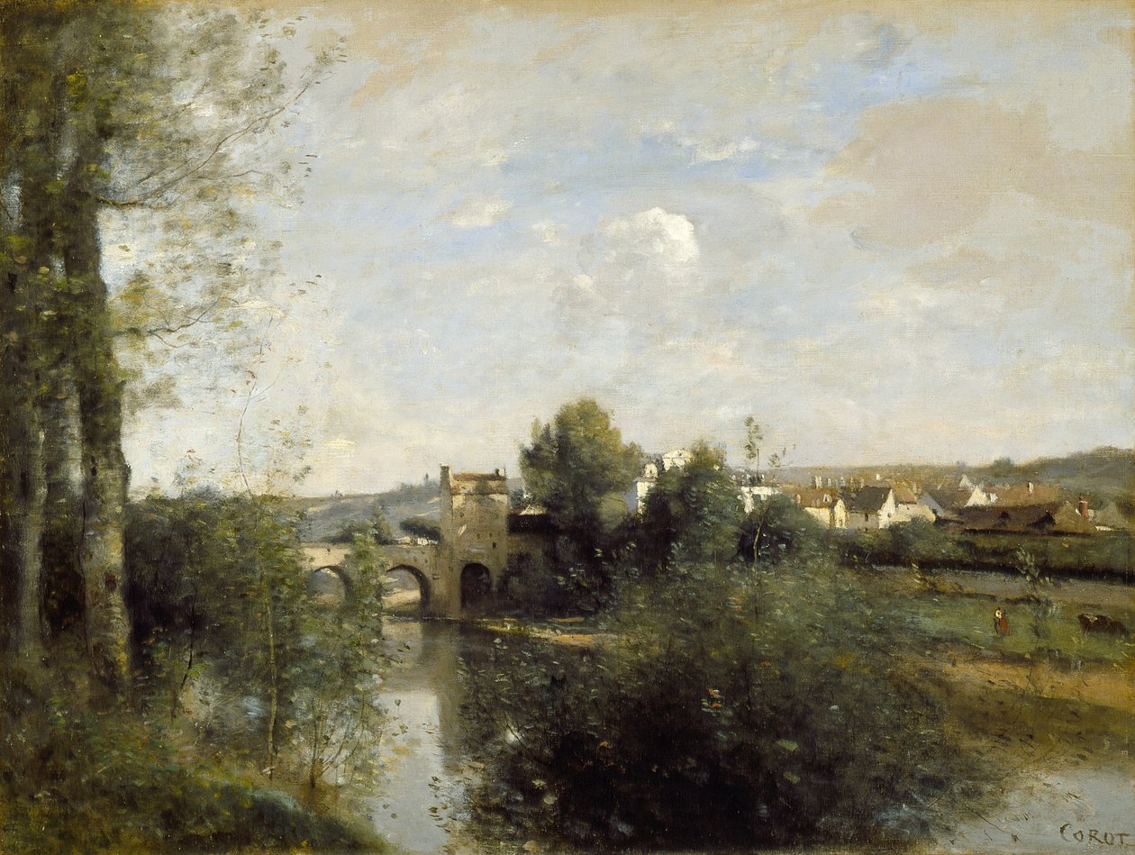 Seine en Oude Brug bij Limay door Jean-Baptiste-Camille Corot