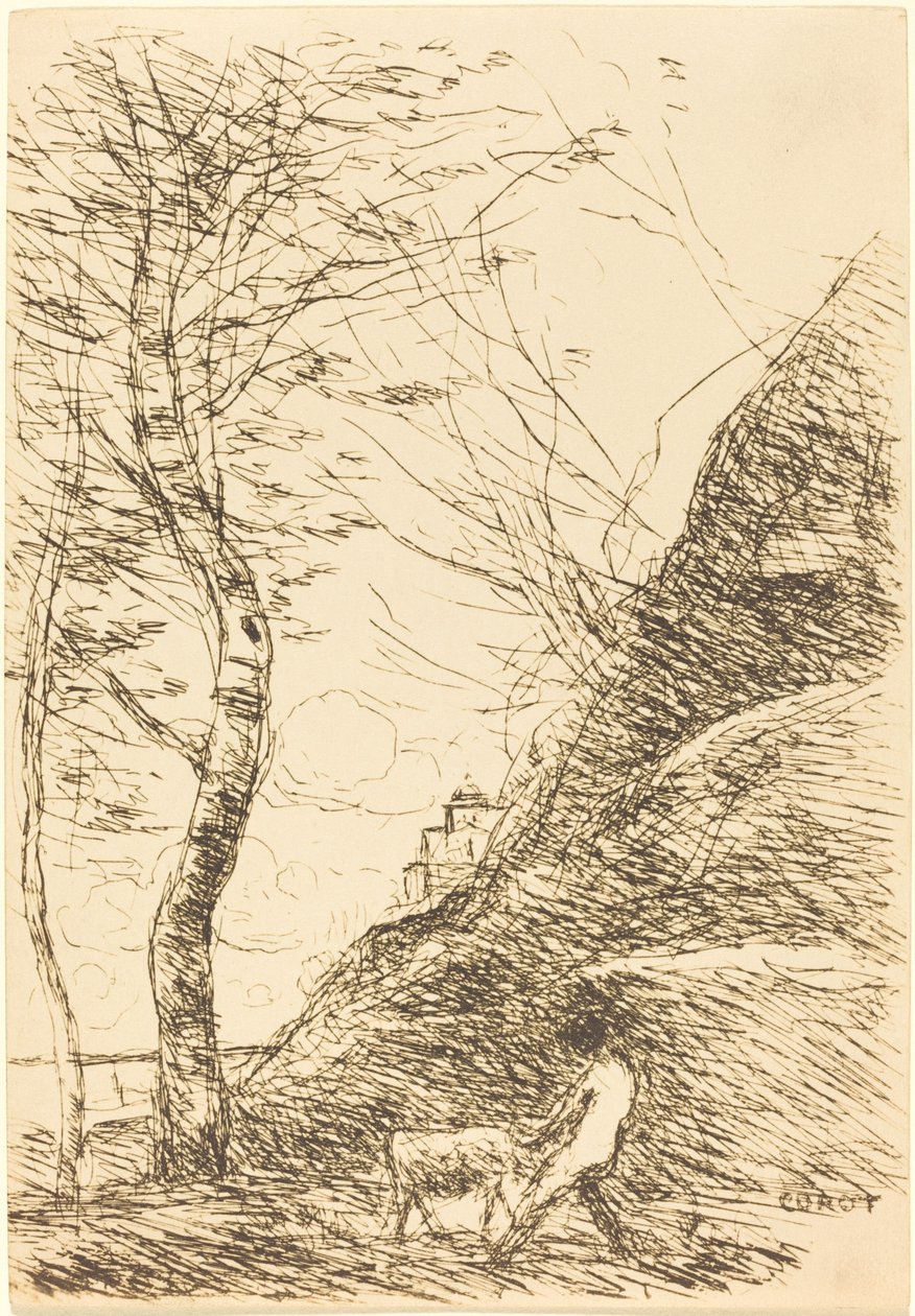 Herder worstelend met een geit door Jean Baptiste Camille Corot