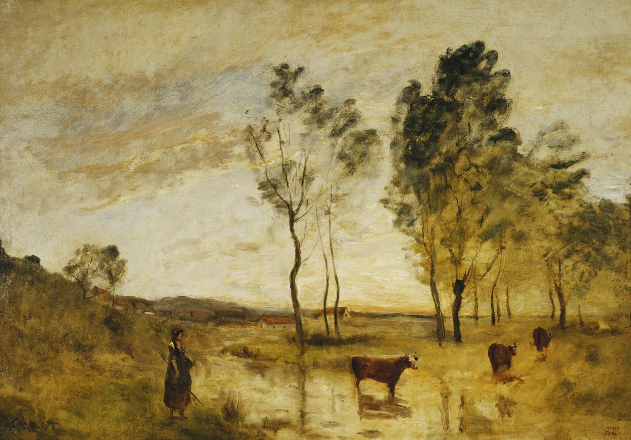 De Voorde; Koeien aan de Rand van een Voorde door Jean Baptiste Camille Corot