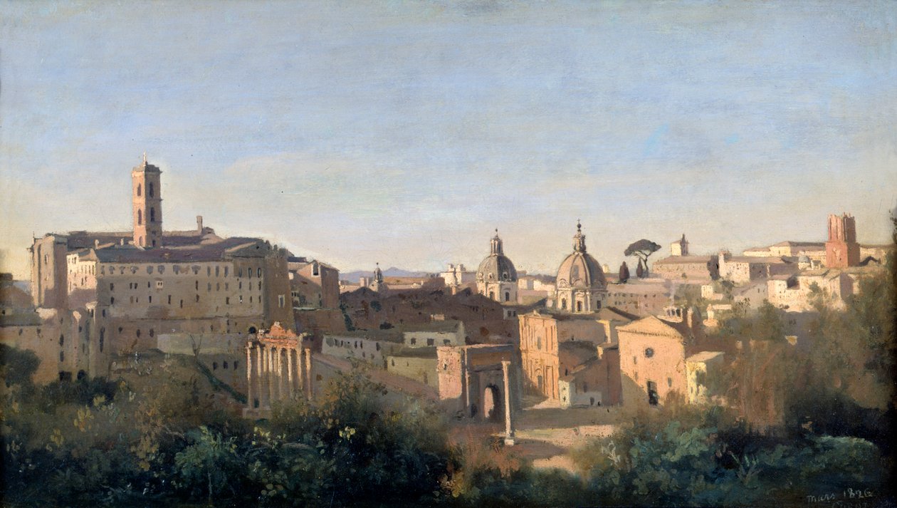 Het Forum gezien vanuit de Farnese-tuinen, Rome, 1826 door Jean Baptiste Camille Corot