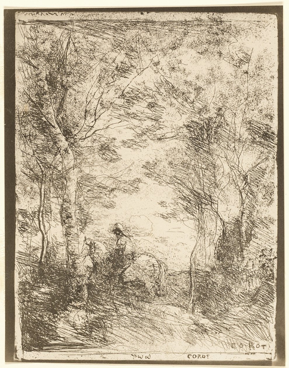 De ruiter in het bos, kleine plaat door Jean Baptiste Camille Corot