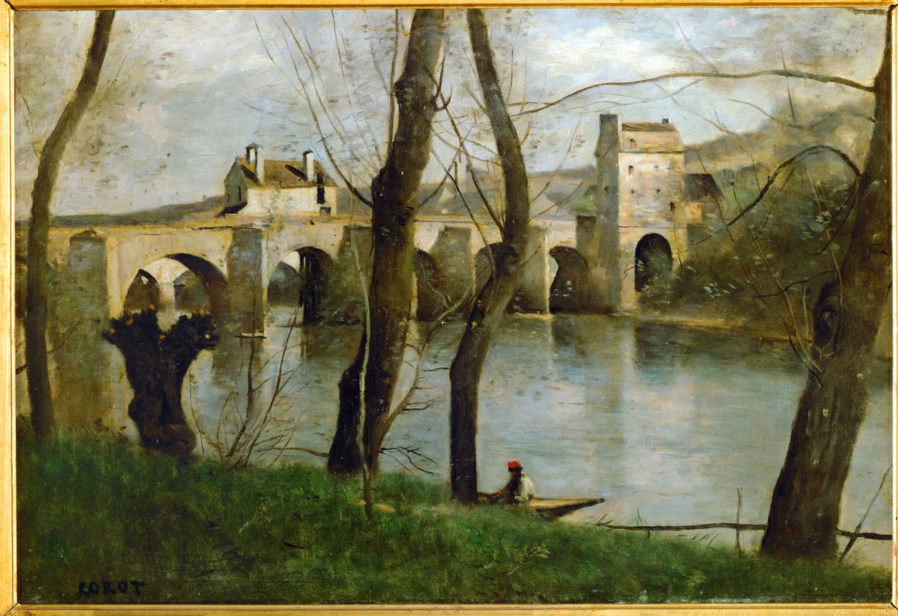 De brug bij Mantes, Frankrijk ... door Jean Baptiste Camille Corot