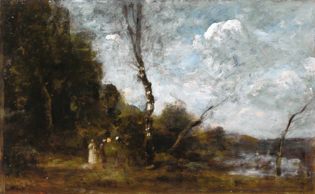 Drie boerinnen bij een bos door Jean Baptiste Camille Corot