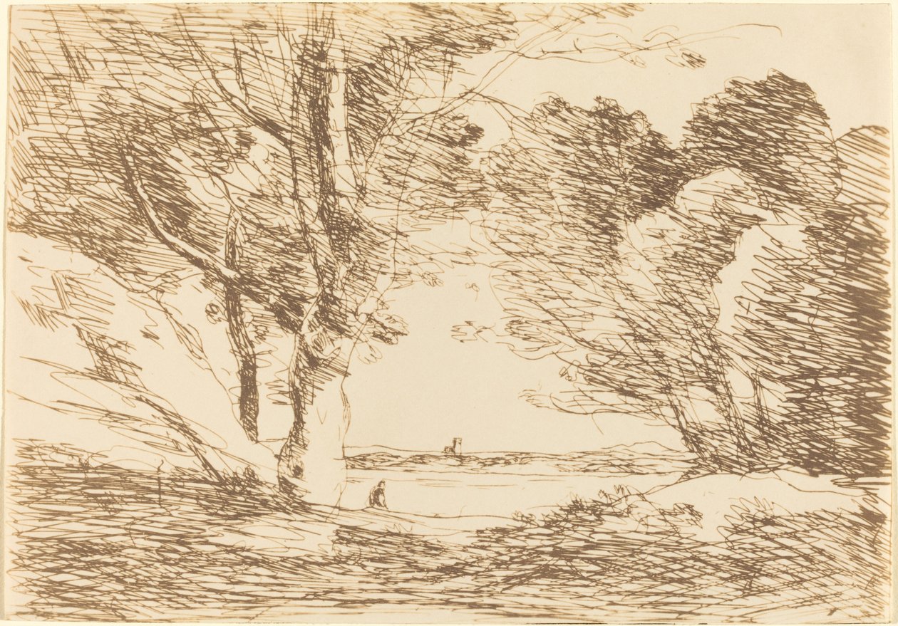 Toren aan de Horizon van een Meer door Jean Baptiste Camille Corot