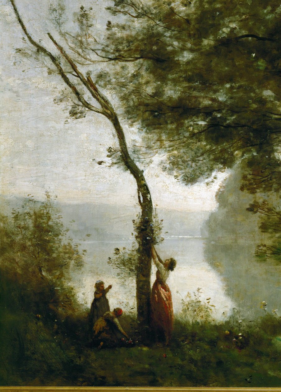 Boom en vrouw. Souvenir van Mortefontaine, Frankrijk ... door Jean Baptiste Camille Corot