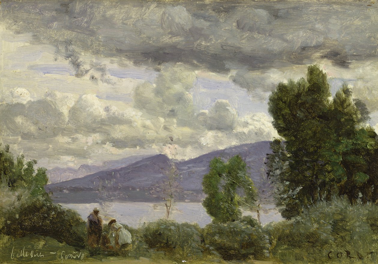 Uitzicht op Chalet de Chenes, Bellvue, Genève, 1857 door Jean Baptiste Camille Corot