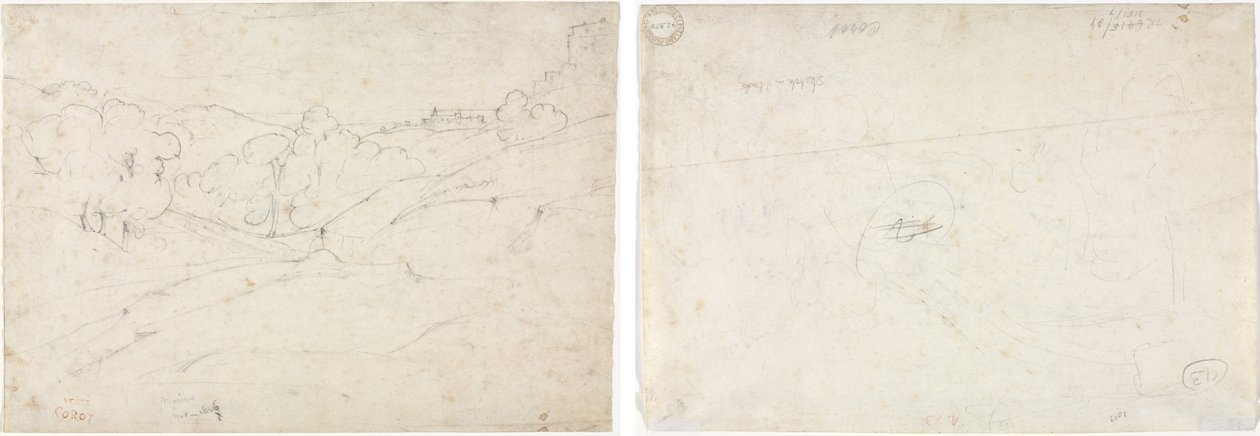 Uitzicht op Marino (recto); Schets voor een landschap (verso) door Jean Baptiste Camille Corot