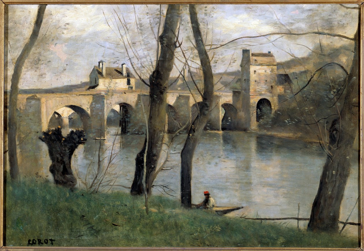 Uitzicht op de brug van Mantes door Jean Baptiste Camille Corot
