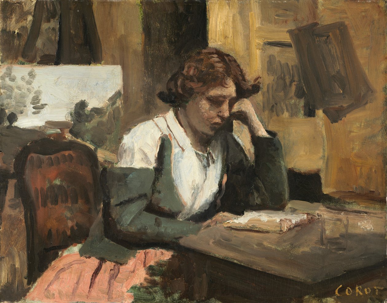 Lezende vrouw in het atelier, c.1868 (olieverf op karton op hout) door Jean Baptiste Camille Corot