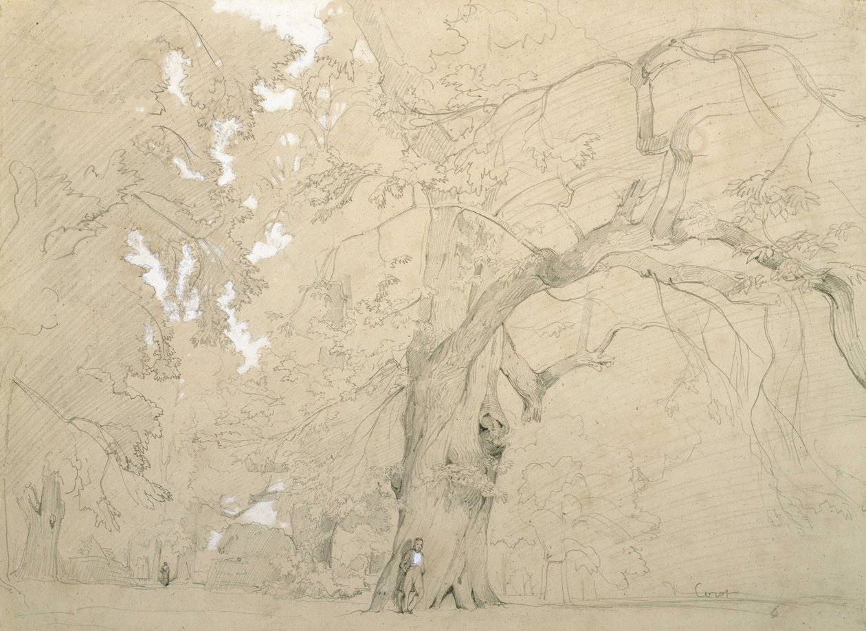 Jonge man voor een grote eik door Jean Baptiste Camille Corot