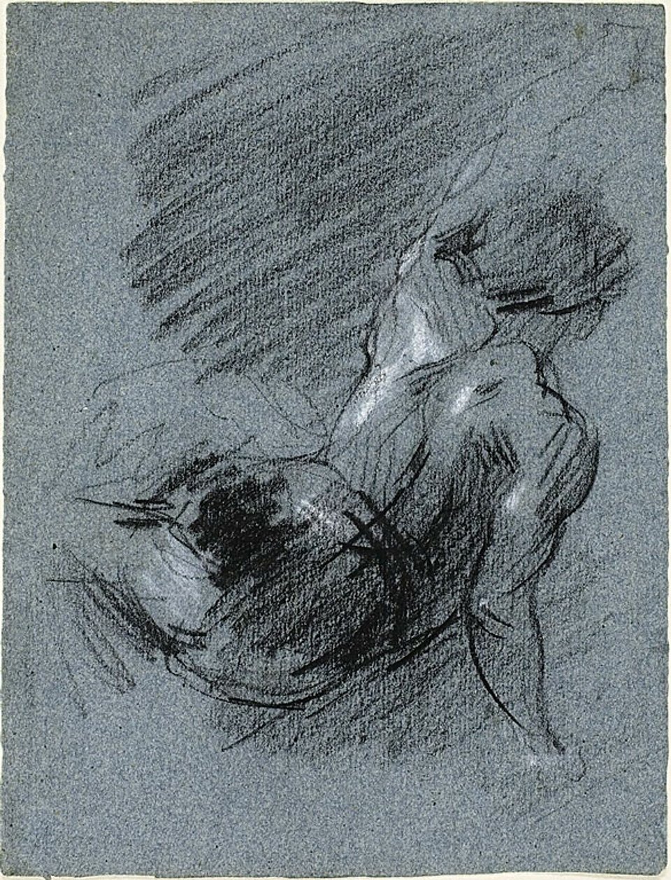 Achteraanzicht van zittende figuur met opgeheven linkerarm door Jean Baptiste Carpeaux