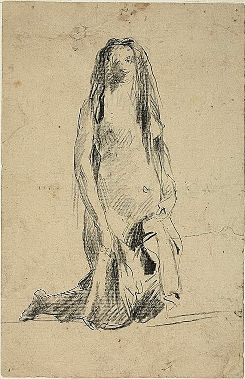 Knielende naakte vrouw met draperie door Jean Baptiste Carpeaux