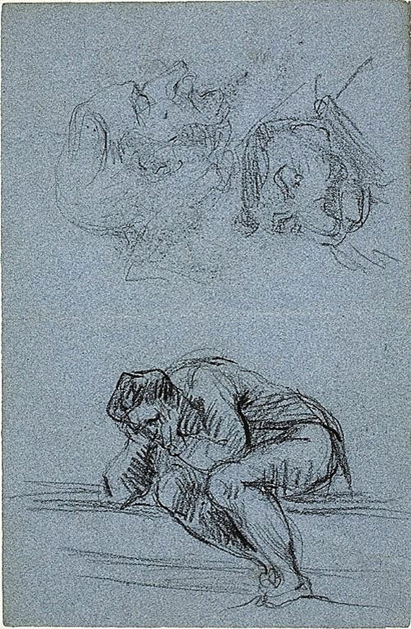 Zittende figuur met hoofd in handen en twee karikaturen (recto); Vier figuren in een lunet (verso) door Jean-Baptiste Carpeaux