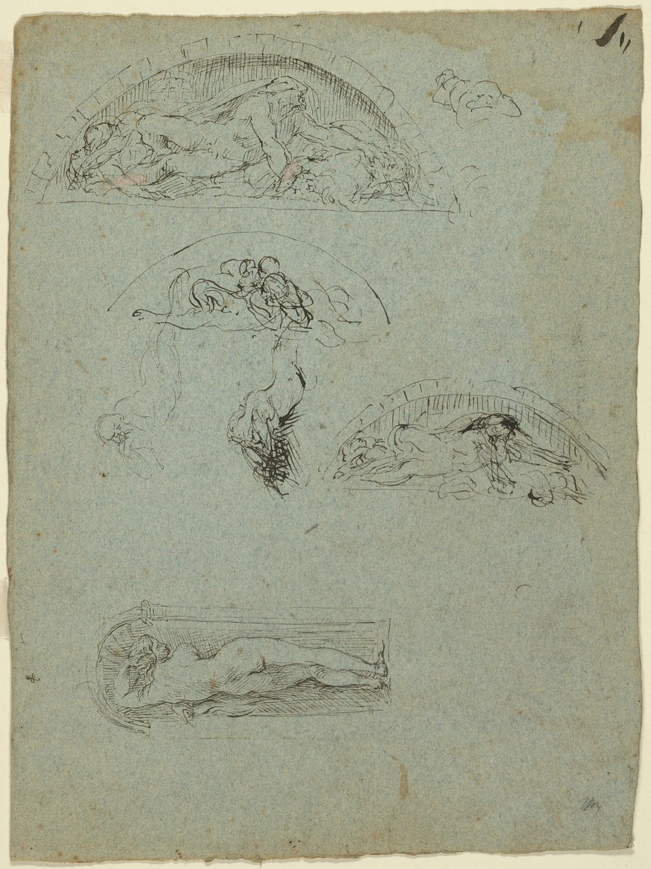 Staande figuur in een nis en studies voor de Ugolino-groep (recto); Roodgeklede prelaat in een menigte (verso) door Jean Baptiste Carpeaux