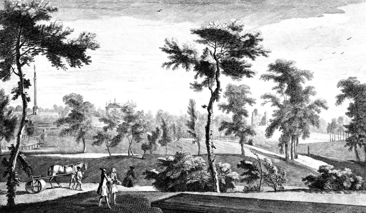Een uitzicht vanaf de Griekse Tempel naar Lord Cobham