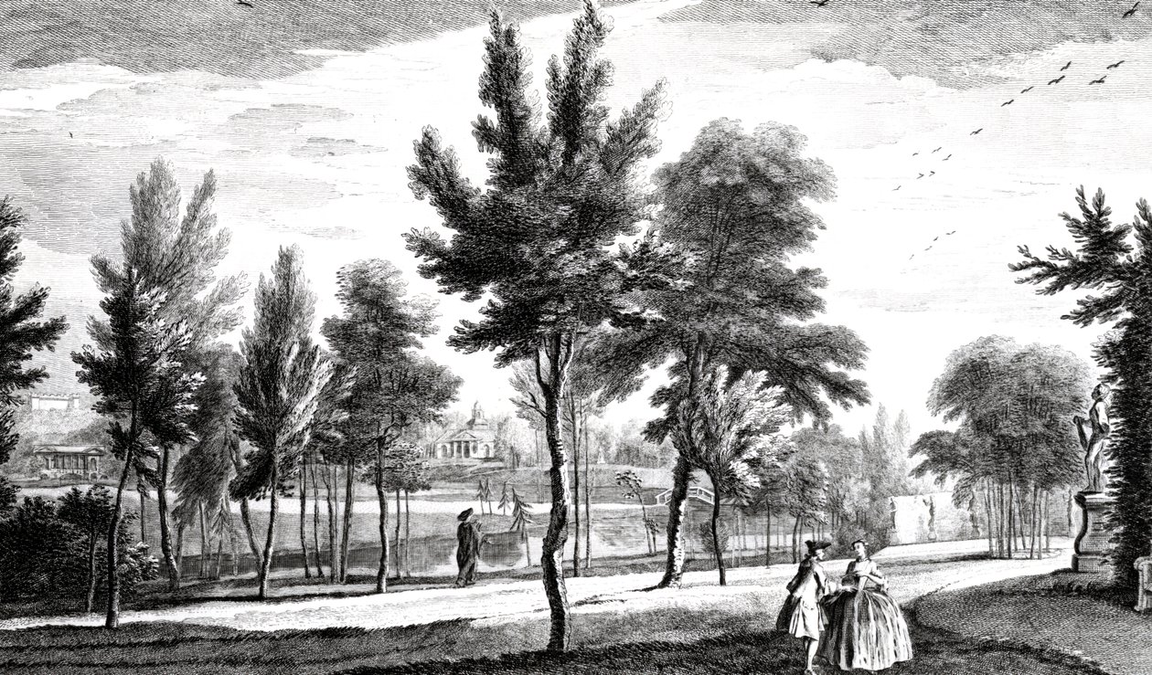 Een uitzicht op de Elysese Velden vanaf de bron van Helicon, Stowe House Gardens, gegraveerd door George Bickham, 1753 door Jean Baptiste Claude Chatelain