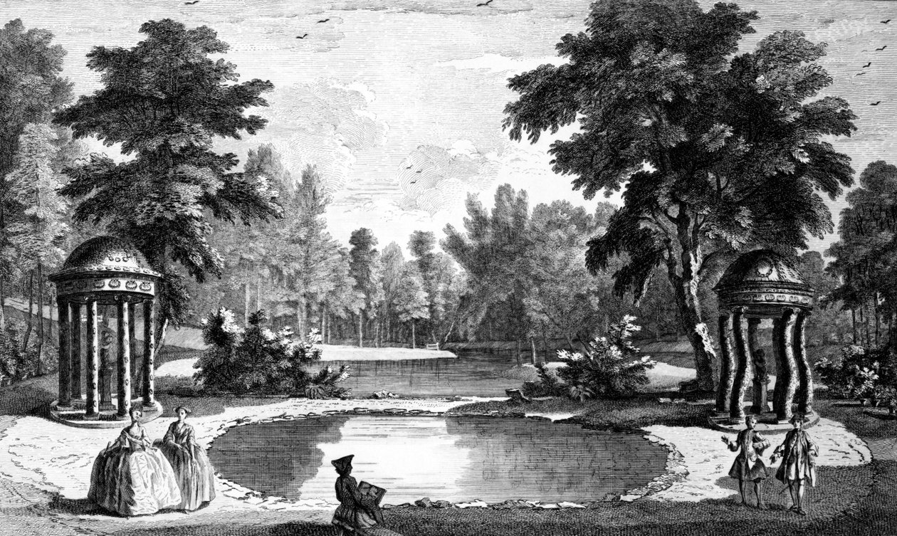 Een uitzicht op de grot en twee schelpentempels, Stowe House Gardens, gegraveerd door George Bickham, 1753 door Jean Baptiste Claude Chatelain