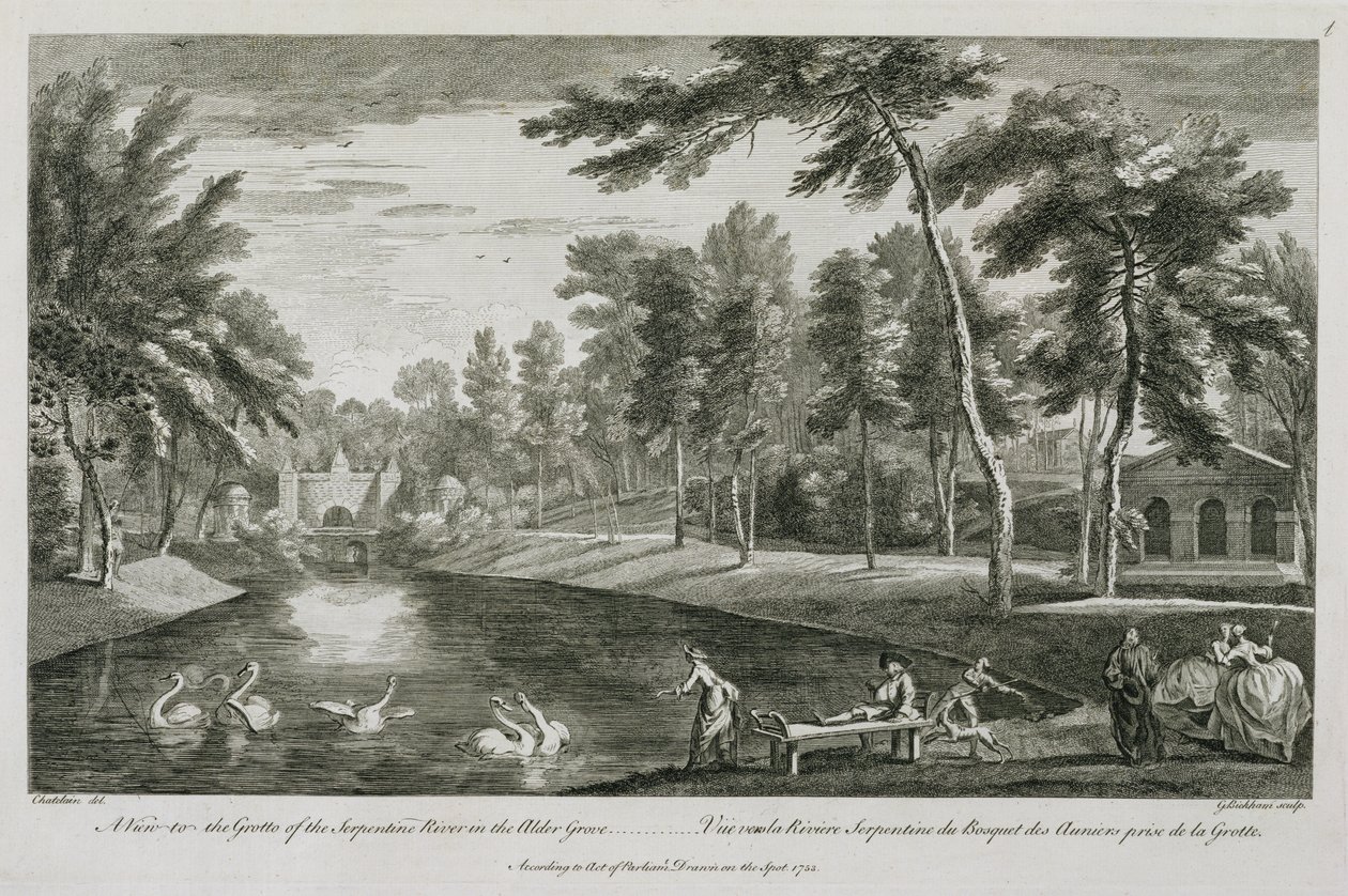 Een Uitzicht op de Grot van de Serpentine Rivier in het Elzenbos bij Stowe, 1753, gegraveerd door George Bickham door Jean Baptiste Claude Chatelain