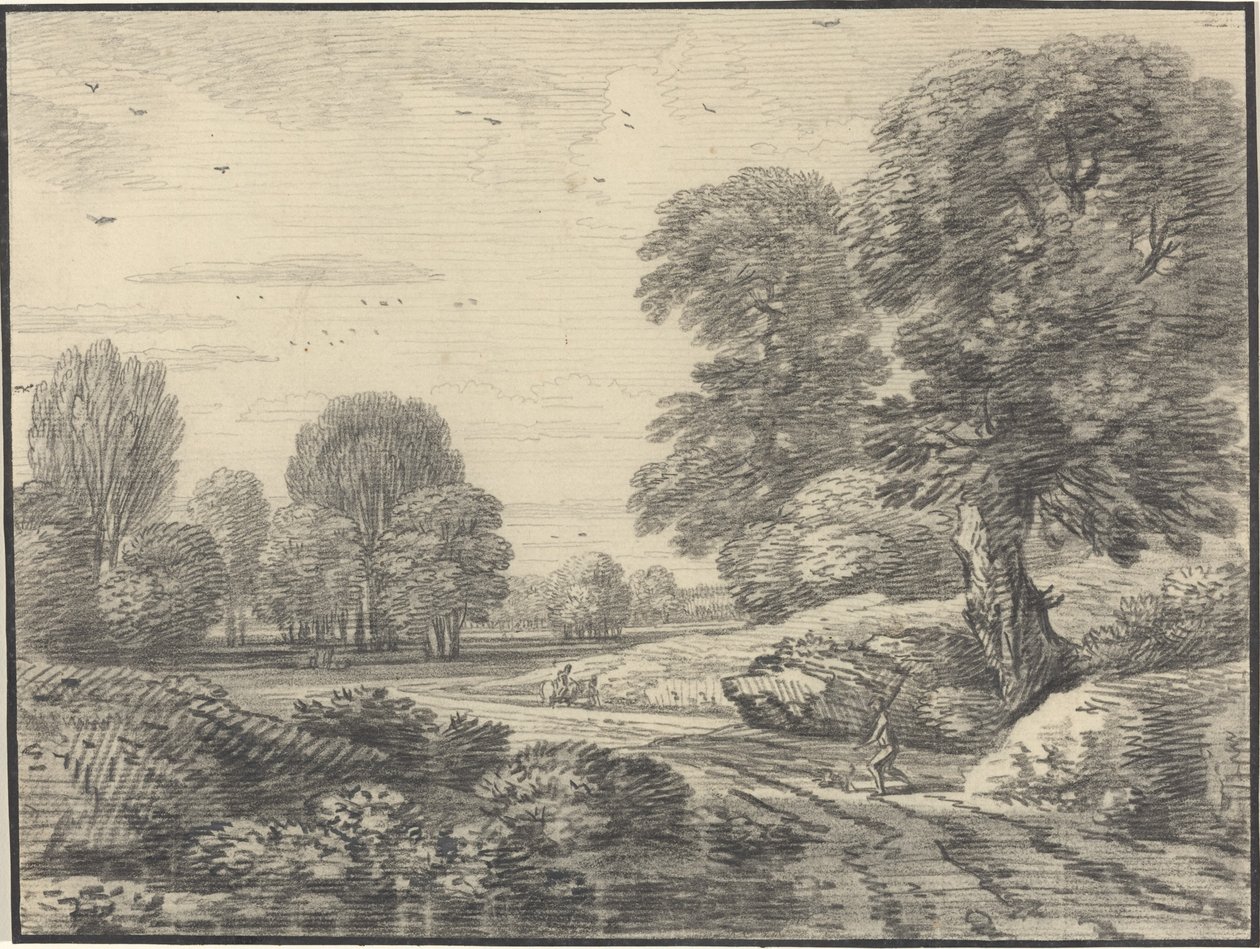 Reizigers op een weg in een bosrijk landschap door Jean Baptiste Claude Chatelain