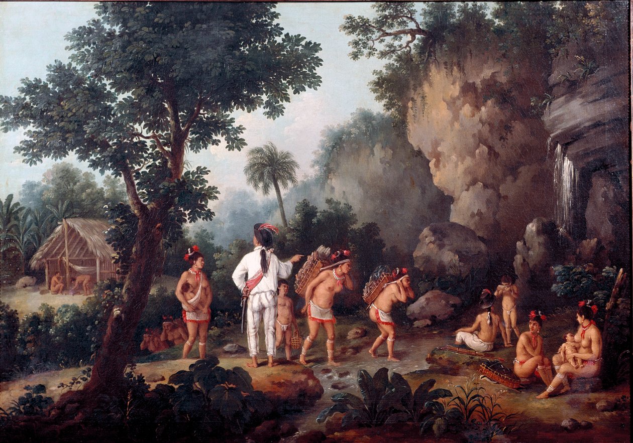 Slavernij; slavenjacht Indiaanse families (uit Brazilië?) worden meegenomen door slavenhandelaren door Jean Baptiste Debret