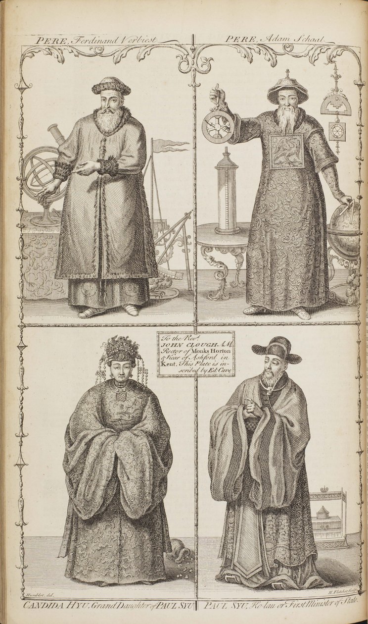Portretten van Ferdinand Verbiest, Adam Schall, Candida Xu en Xu Guangqi uit een beschrijving van de e door Jean Baptiste Du Halde